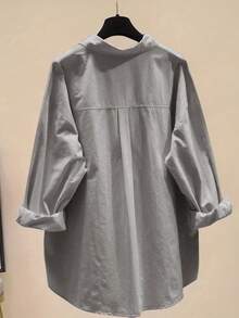 Women Simple Solid Color Button-Up Casual Shirt,Long Sleeve Tops Summer - Grey - View 2