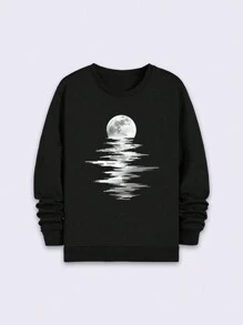 Heren Plus Size Herfst Winter Casual Maan Print Ronde Hals Sweatshirt