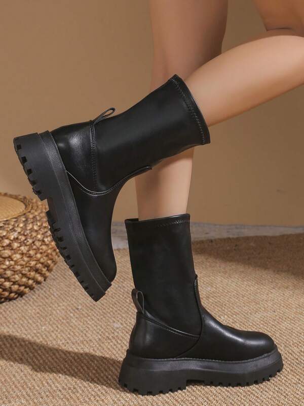 Women's Autumn Winter Formal Boots - Comfortable Slip-On Boots, Fashionable Thick-Soled Chunky Heel Shoes And Anti-Slip Warm Mid-Calf Boots