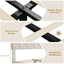 Twin/Full/Queen/King Bed Frame Upholstered Platform With Headboard And Strong Wooden Slats,Linen Fabric Upholstered Bed Frame With Adjustable Headboard,Non-Slip And Noise-Free,No Box Spring Needed - 米色 - 查看 9