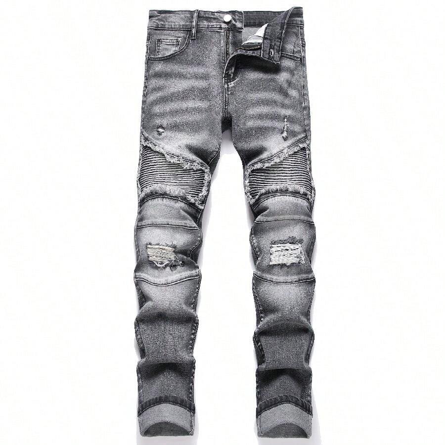 Men's Slim Fit Jeans Ripped Skinny Jeans For Men, Fashion Biker Jeans Stretch Moto Cargo Denim Pants - 灰色 - 查看 1