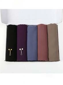 1 Box einfarbiges Chiffon-Kopftuch-Set für Damen, Kopftuch (5 Kopftücher + 2 Haarspangen)