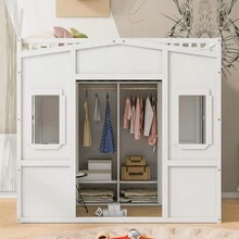 Full Size House Loft Bed With Ladder And Wardrobe-White - 白色+實木+全如圖 - 查看 2