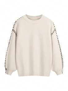 EAVA Autumn/Winter Solid-Color Soft Oversized Drop-Shoulder Crewneck Pullover With Hand-Stitched Hem,Valentine's Day,Valentine Outfits For Women,Valentine Clothes - Khaki - View 2