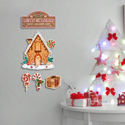 Putuo Decor 1pc Gingerbread House Element Wooden Hanging Sign Decor, Merry Christmas And Candy Canes, Wood Hanging Plaque Decoration For Home Farmhouse Studio Bar Office Pub Club Cafe Coffee Shop, Christmas Gift