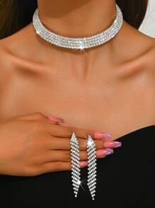 5入組女士假水晶銀色多層項鍊、手鏈、耳環和戒指套裝，適用於派對，時尚配飾