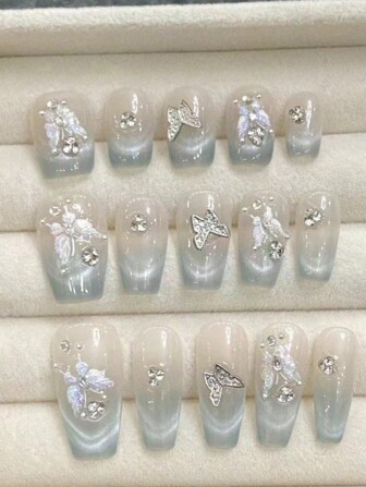 10Pcs French Style Cat Eye Butterfly Handmaderhinestone Gem Nail Art Decoration With Coffin Shape,Wearable Press On Nails For Daily Use, Elegant & Sweet.Shows White Nail Supplies Nails