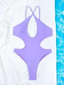1pc Women's Sexy Nylon Solid Color Spaghetti Strap Backless One-Piece Swimsuit, For Summer Beach Vacation - Mauve Purple - View 2