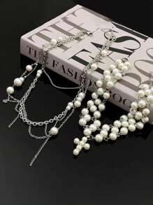 1pc White Multi-Layer Pearl Cross Tassel Necklace, Elegant And Fashionable Pearl Chain Necklace For Women, Halloween Party Jewelry