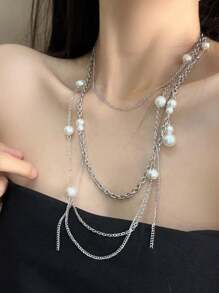 1 chiếc vòng cổ tua rua ngọc trai nhiều lớp màu trắng, vòng cổ chuỗi ngọc trai thanh lịch và thời trang dành cho phụ nữ, đồ trang sức tiệc Halloween - Nhiều màu - Xem 9