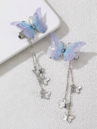 2pcs Women Minimalist Style Blue Butterfly Tassel Hair Clip For Casual Wear Claw Clips Hair Claws Hair Barrettes, Hair Accessories