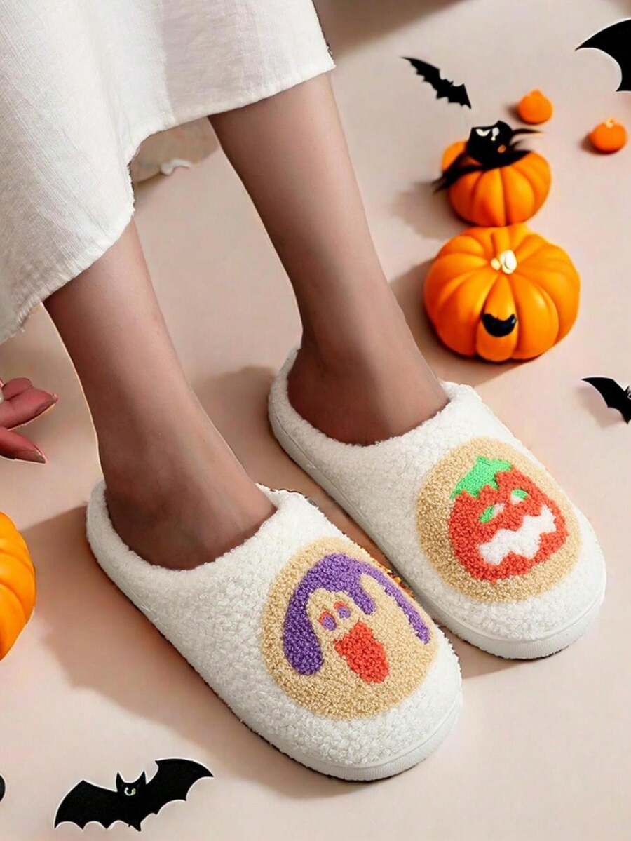 Halloween Cartoon Pumpkin Warm House Slippers, Round Toe Soft Sole Anti-Slip Fluffy Slippers, Plush Comfort Indoor Shoes - White - View 1