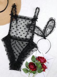 性感内衣，1 件 - 性感黑色圆点透明网眼蕾丝连体裤 + 黑色兔耳头带 - 黑色 - 查看 5