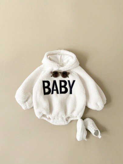 Baby Girl Sherpa Fleece Embroidered Thick Soft Warm Hooded Long Sleeve Romper, Winter