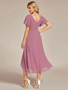 EVERPRETTY 优雅春季V领荷叶边袖A字雪纺连衣裙，高低下摆，淡粉色伴娘服，婚礼宾客礼服 - 藕粉色 - 查看 2