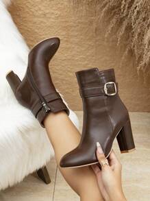 女士棕色粗跟尖头性感时尚百搭短靴，秋冬新款，柔软皮革搭扣中筒侧拉链踝靴切尔西靴，英伦风修身优雅 - 棕色 - 查看 1