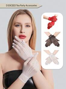 D EXCEED 1 para koronkowych rękawiczek z siateczki w groszki na przyjęcie herbaciane dla kobiet w stylu lat 50. Eleganckie koronkowe rękawiczki ślubne krótkie krótkie rękawiczki na bal wieczorowy eleganckie dodatki na wesele operowe impreza świąteczna Halloween