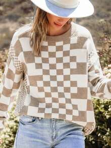 卡其色格纹印花落肩圆领毛衣 - 卡其色 - 查看 6