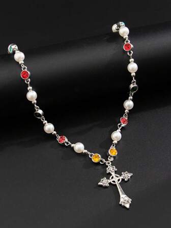 1pc Men's Vintage Punk Style Cross Pendant Necklace With Crystal Chain, Suitable For Gift