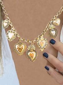 1pc Chunky Jewelry Vintage Gothic Heart Shape Multi-Pendant Halloween Necklace With Heart Lockets, Antique Silver And Gold, Red Hearts, Thick Chain For Women, Suitable For Halloween Party Valentines,Mom,Mother,Mother's Day,Gift