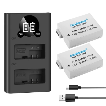  Azulamar LP-E8 Batería y Cargador Rápido Dual USB kit para Totalmente Compatible con Canon EOS Rebel T3i T2i T4i T5i, EOS 600D 550D 650D 700D, Kiss X4 X5 X6 X7, LC-E8E Cámaras Digitales