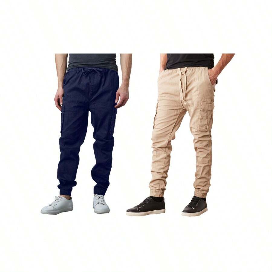 2-Pack Men's Cotton Flex Stretch Cargo Jogger Pants - 海軍藍 & 卡其色 - 查看 1