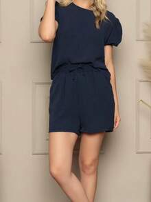 Women's Set Duna Blouse And Shorts Plain Elegant Summer - Màu xanh hải quân - Xem 5