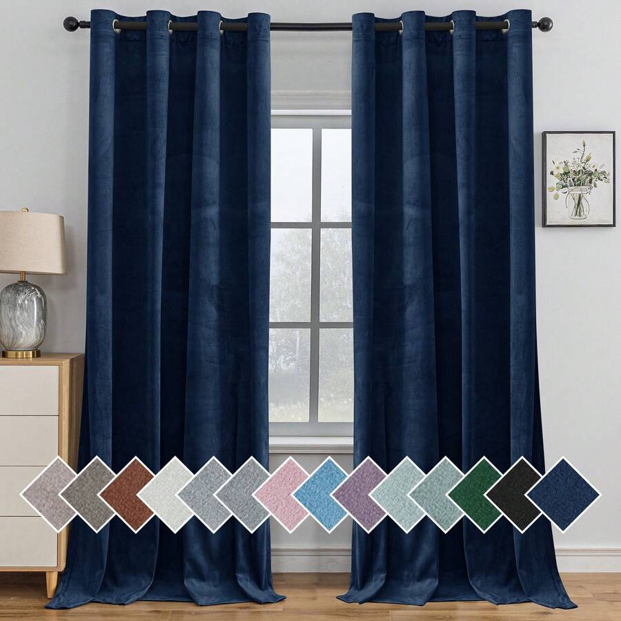 Ystyle 2 Piece Velvet Indoor Curtains, Modern Bedroom Blackout Curtains With Eyelets, Cold Insulating Thermal Curtain For Living Room Lounge Children's Room - Blue - View 1