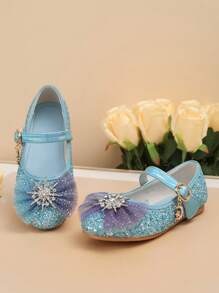 1 双女孩时尚优雅蝴蝶结亮片软平底鞋，轻便防滑派对礼服鞋，春秋季 - 藍色 - 查看 3
