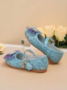 1 双女孩时尚优雅蝴蝶结亮片软平底鞋，轻便防滑派对礼服鞋，春秋季 - 藍色 - 查看 6