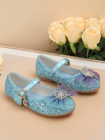 1 双女孩时尚优雅蝴蝶结亮片软平底鞋，轻便防滑派对礼服鞋，春秋季