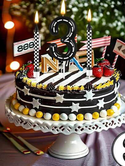 1 pièce Bougie décorative pour gâteau d'anniversaire à thème de voiture de course, avec numéros de 0 à 9 blancs sur fond noir. Bougie de souhait pour gâteau d'anniversaire, Noël