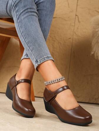 Women's Block Heel Hook And Loop Strap Work Shoes