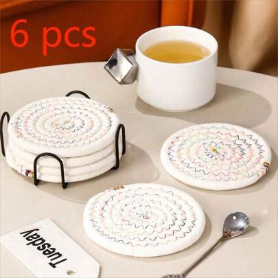 6pcs/Set Round Colorful Woven Cup Coasters, Home Decor,Cup Decoration, Home Decoration, Christmas Gift, Cup Accessories, Gifts For Friends, Gifts For Family