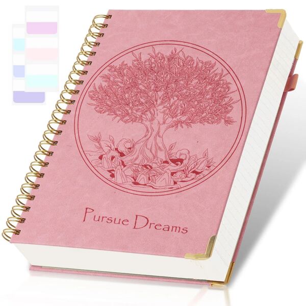 Cuaderno/diario con tapa dura de 300 páginas con patrón de árbol grande, cuaderno de espiral con renglones universitarios, diario para perseguir sueños, con relieve y estampado, grande A5/B5 con 2 bolsillos y 24 pestañas de índice, adecuado para hombres y mujeres, excelente para la escuela, la oficina y tomar notas, páginas gruesas de 100 g/m², multicolor, regalo de cuaderno elegante verde, útiles escolares, vuelta al colegio