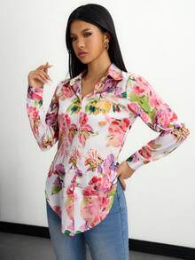 Camisa larga de manga comprida casual com estampa 3D estilo europeu e americano, sofisticada e versátil