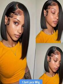 Peruca de Cabelo Humano com Frente de Renda Reta 13x4, Frente de Renda Transparente Peruca  Curta Reta, Pré-Arrancada para Mulheres, Cor Natural de Cabelo Humano - Natural e preto - Visão 5