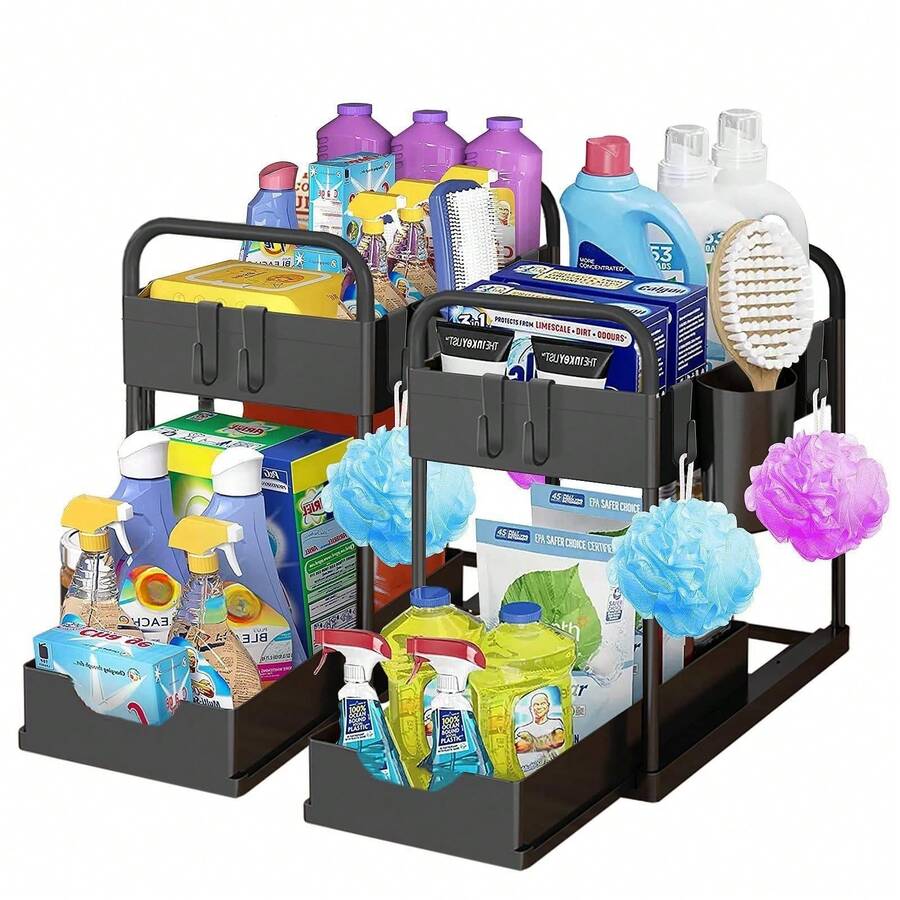 Giá để đồ đa năng cho phòng tắm & nhà bếp có ngăn kéo, kệ, giá để đồ trên mặt bàn, nâng cấp có tay vịn - màu đen - Xem 1