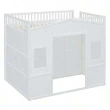 Full Size House Loft Bed With Ladder And Wardrobe-White - 白色+實木+全如圖 - 查看 11