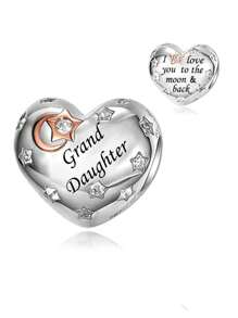HuooNew 1pc Exquisite 925 Sterling Silver "I Love You To The Moon And Back" Heart Shaped Beaded Charm, Suitable For Family, Party & Gift - Silver - View 12