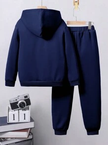 男童卡通印花连帽运动衫和运动裤套装 - 寶藍色 - 查看 2