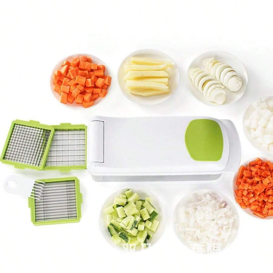 Multi-Function Pressing Slicer, Potato Carrot Cucumber Julienne Cutter Lemon Slicer - Green and White - View 1