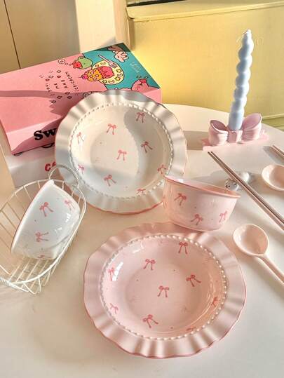 6件套可爱陶瓷碗碟套装，包含早餐碗、麦片碗、燕麦片碗、午餐盘、意面盘。适合节日、居家、餐厅、微波炉加热圣诞礼物、学校用品等场合。