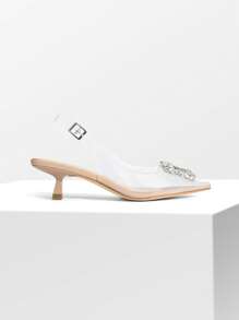 Women's Rhinestone Slingback Pumps Closed Pointed Toe Fashionable Elegant Kitten Heels Diamond Sandals - Trong sáng - Xem 4