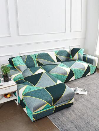 1pc Geometric Print Stretchy Sofa Slipcover & 1pc Cushion Cover Without Filler