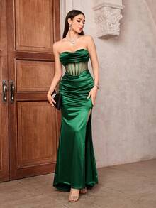 CHOSMO Christmas Green Satin Stitched Mesh Side Slit High Waist Backless Back Zip Up Women's Maxi Date Night Dress, Elegant Prom Dress Wedding Guest Dress Elegant Formal Dress