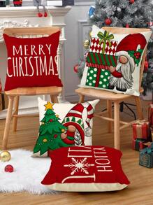 1 件/4 件，冬季红色雪人与圣诞老人字母印花亚麻抱枕套，18*18 英寸/45 X 45 厘米装饰枕套，无枕芯