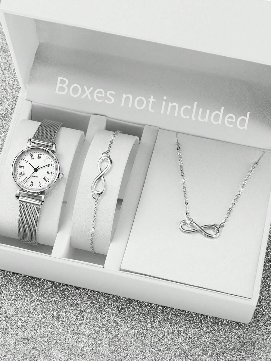 3pcs/Set Women's Fashion Minimalist Roman Numeral Small Dial Quartz Watch & Figure 8 Jewelry Set - Silver - View 1