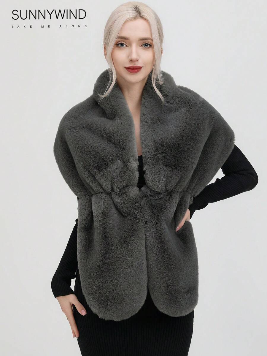1pc Women's Solid Color Polyester Fashion Warm Faux Fur Shawl, Suitable For Bridal Evenings And Daily Use - Grey - View 1