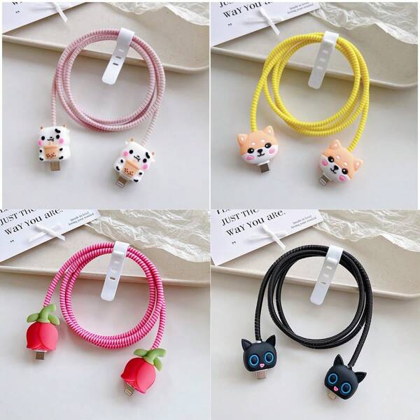 4pcs 1.4m Colorful Cable Protectors, Cartoon Cable Protectors, Charger Cable Protectors, Phone Cable Winder Protectors, For Type C And 20W Android & Apple Charging Cables (Milk Tea Cow/Shiba Inu/Red Tulip/Black Cat Patterns) Charger Protector